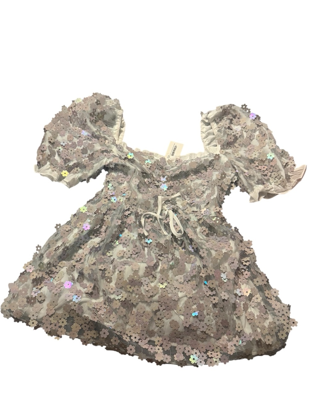 Puff Sleeve Mini Dress with Iridescent Floral Sequins - Cream
